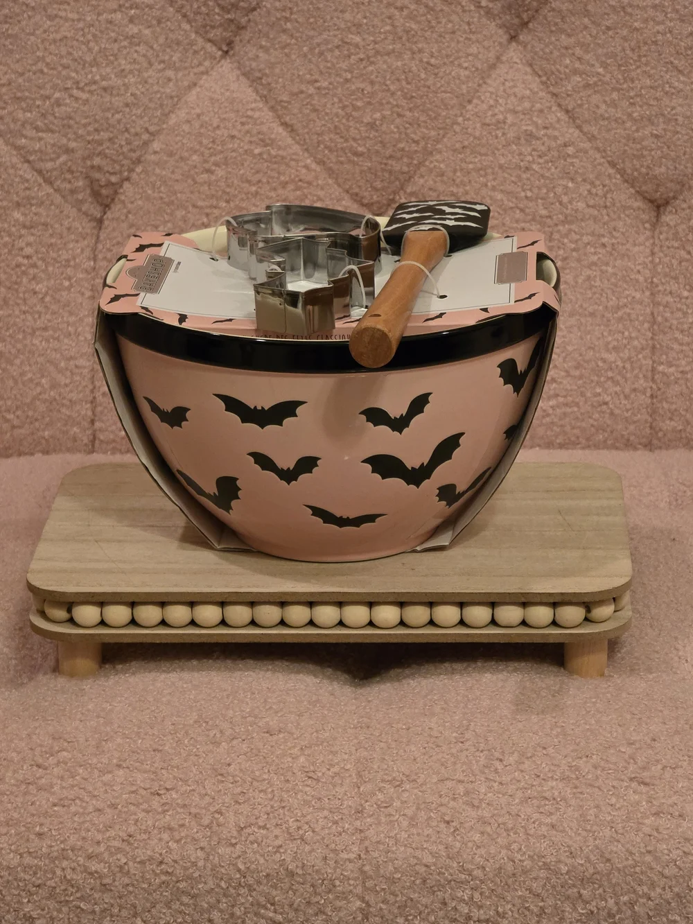 The Bakeshop Pink Bat-Print Mixing Bowl with Utensils